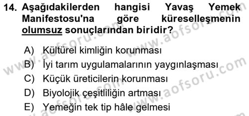 Gastronomi Ve Sürdürülebilirlik Dersi 2022 - 2023 Yılı Yaz Okulu Sınavı 14. Soru