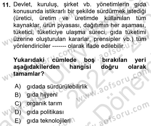 Gastronomi Ve Sürdürülebilirlik Dersi Dönem Sonu Sınavı Deneme Sınav Soruları 11. Soru