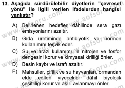 Gastronomi Ve Sürdürülebilirlik Dersi 2024 - 2025 Yılı Yaz Okulu Sınav Soruları 13. Soru