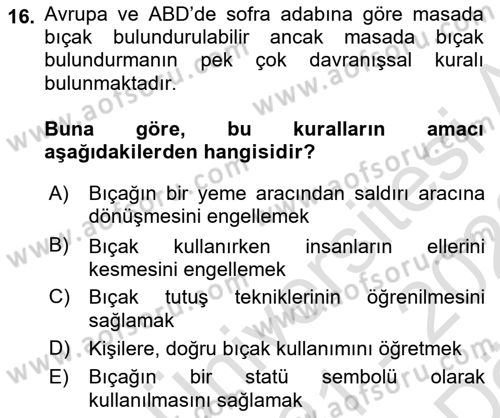 Yemek Sosyolojisi Dersi 2021 - 2022 Yılı (Vize) Ara Sınav Soruları 16. Soru