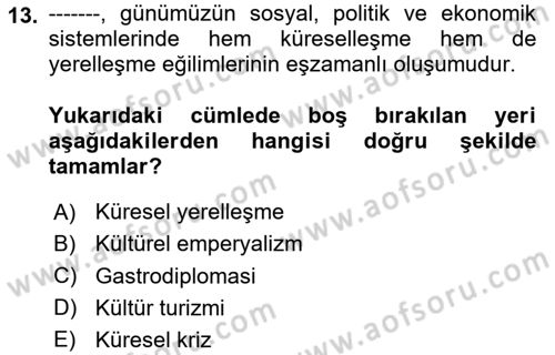 Yemek Sosyolojisi Dersi 2023 - 2024 Yılı Yaz Okulu Sınav Soruları 13. Soru