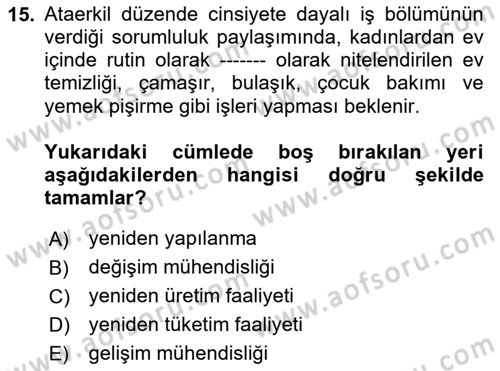 Yemek Sosyolojisi Dersi Dönem Sonu Sınavı Deneme Sınav Soruları 15. Soru