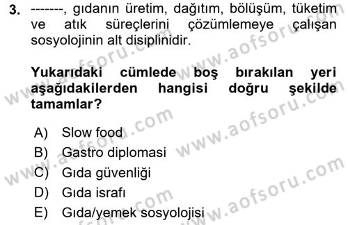 Yemek Sosyolojisi Dersi 2024 - 2025 Yılı Yaz Okulu Sınav Soruları 3. Soru