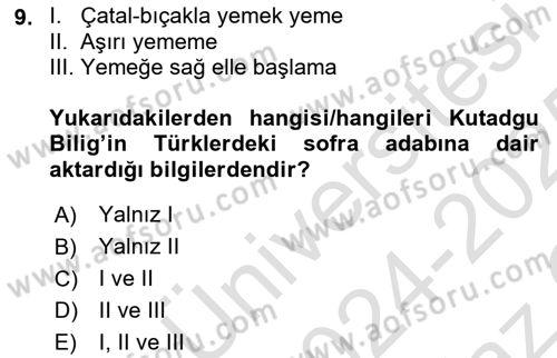 Yemek Sosyolojisi Dersi 2024 - 2025 Yılı Yaz Okulu Sınav Soruları 9. Soru