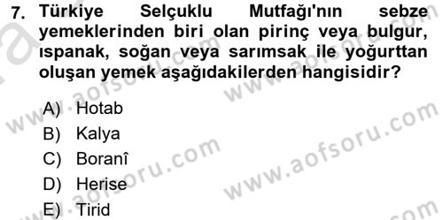 Türk Mutfak Kültürü Dersi Ara Sınavı Deneme Sınav Soruları 7. Soru