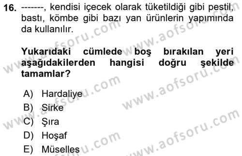 Türk Mutfak Kültürü Dersi 2019 - 2020 Yılı (Final) Dönem Sonu Sınav Soruları 16. Soru