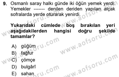 Türk Mutfak Kültürü Dersi 2021 - 2022 Yılı Yaz Okulu Sınav Soruları 9. Soru