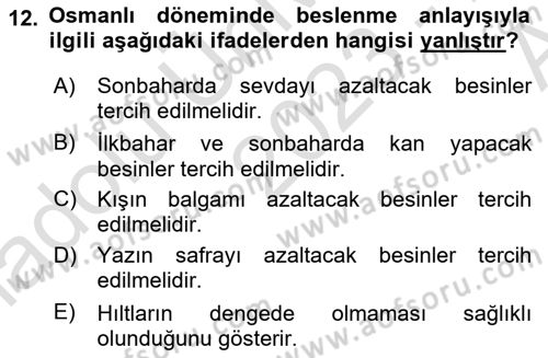 Türk Mutfak Kültürü Dersi 2023 - 2024 Yılı (Vize) Ara Sınav Soruları 12. Soru