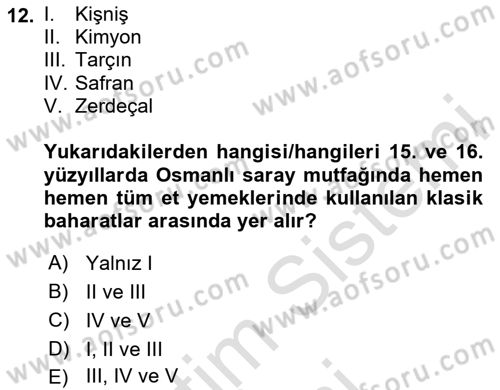 Türk Mutfak Kültürü Dersi 2024 - 2025 Yılı (Vize) Ara Sınav Soruları 12. Soru