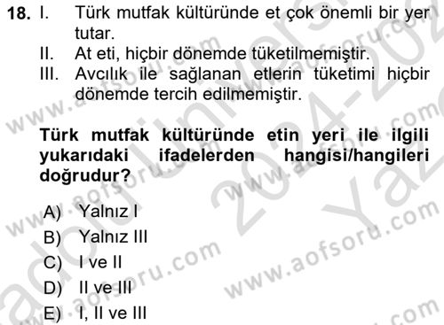 Türk Mutfak Kültürü Dersi 2024 - 2025 Yılı Yaz Okulu Sınav Soruları 18. Soru