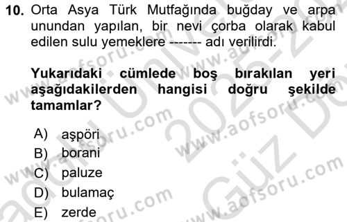 Türk Mutfak Kültürü Dersi 2025 - 2026 Yılı (Vize) Ara Sınav Soruları 10. Soru