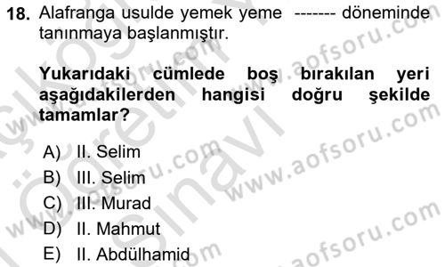 Osmanlı Mutfağı Dersi 2020 - 2021 Yılı Yaz Okulu Sınav Soruları 18. Soru