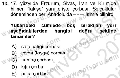 Osmanlı Mutfağı Dersi 2023 - 2024 Yılı (Vize) Ara Sınav Soruları 13. Soru