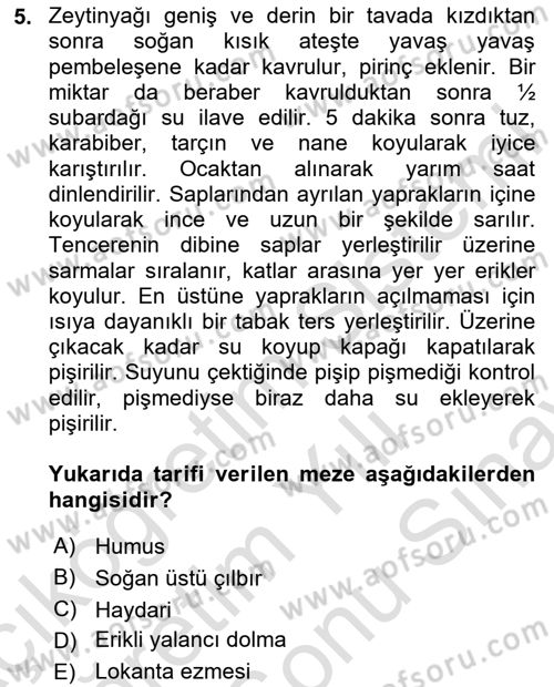 Osmanlı Mutfağı Dersi 2023 - 2024 Yılı (Final) Dönem Sonu Sınav Soruları 5. Soru