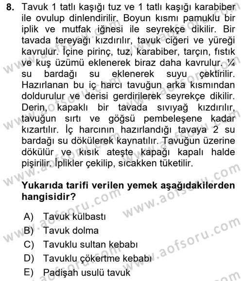 Osmanlı Mutfağı Dersi 2023 - 2024 Yılı (Final) Dönem Sonu Sınav Soruları 8. Soru