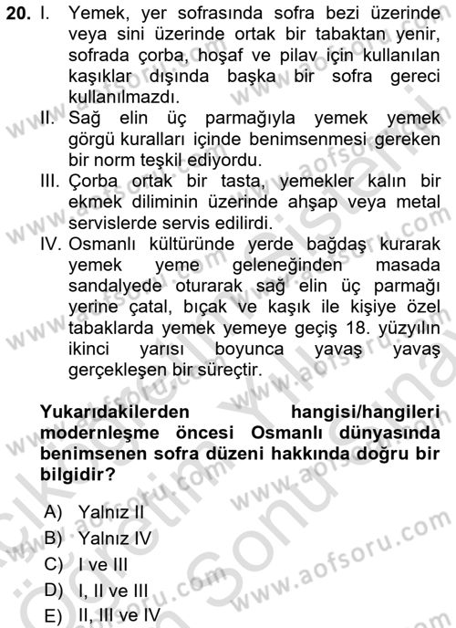 Osmanlı Mutfağı Dersi 2024 - 2025 Yılı (Final) Dönem Sonu Sınav Soruları 20. Soru