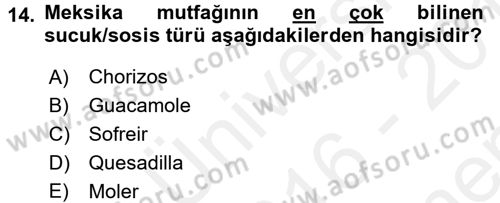 Dünya Mutfakları 1 Dersi 2016 - 2017 Yılı (Final) Dönem Sonu Sınav Soruları 14. Soru