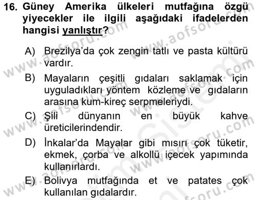 Dünya Mutfakları 1 Dersi 2016 - 2017 Yılı (Final) Dönem Sonu Sınav Soruları 16. Soru