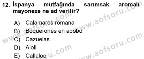 Dünya Mutfakları 1 Dersi 2017 - 2018 Yılı (Vize) Ara Sınav Soruları 12. Soru