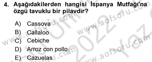 Dünya Mutfakları 1 Dersi 2022 - 2023 Yılı Yaz Okulu Sınav Soruları 4. Soru