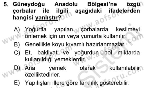 Yöresel Mutfaklar Dersi 2018 - 2019 Yılı 3 Ders Sınavı 5. Soru