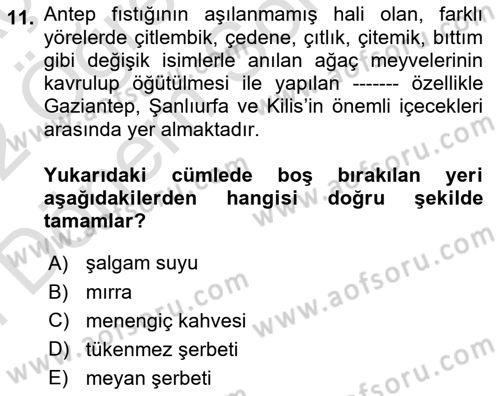 Yöresel Mutfaklar Dersi 2021 - 2022 Yılı (Final) Dönem Sonu Sınav Soruları 11. Soru