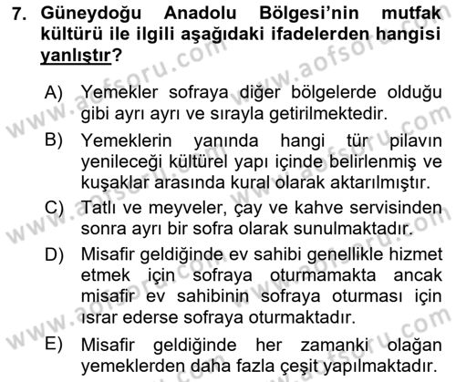 Yöresel Mutfaklar Dersi 2021 - 2022 Yılı (Final) Dönem Sonu Sınav Soruları 7. Soru