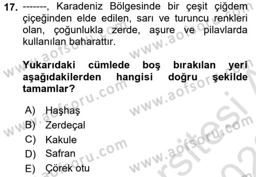 Yöresel Mutfaklar Dersi 2021 - 2022 Yılı Yaz Okulu Sınav Soruları 17. Soru