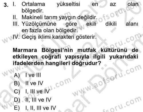 Yöresel Mutfaklar Dersi 2024 - 2025 Yılı (Final) Dönem Sonu Sınav Soruları 3. Soru