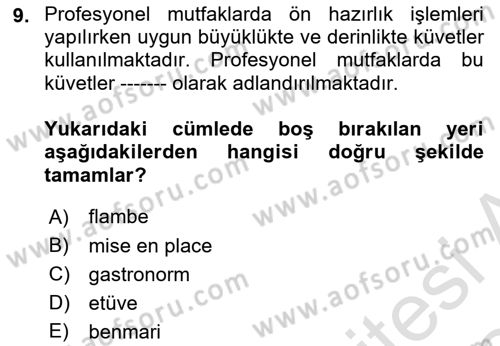 Temel Mutfak Teknikleri Dersi 2023 - 2024 Yılı Yaz Okulu Sınav Soruları 9. Soru