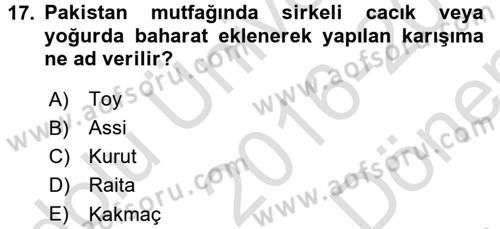 Dünya Mutfakları 2 Dersi 2016 - 2017 Yılı (Final) Dönem Sonu Sınav Soruları 17. Soru