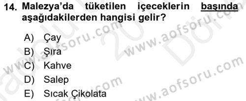 Dünya Mutfakları 2 Dersi 2017 - 2018 Yılı (Final) Dönem Sonu Sınav Soruları 14. Soru