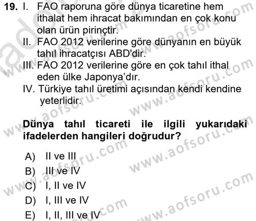 Gıda Coğrafyası Dersi Ara Sınavı Deneme Sınav Soruları 19. Soru