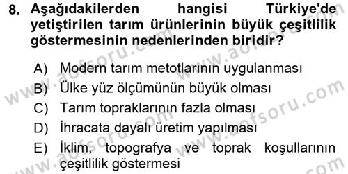 Gıda Coğrafyası Dersi Ara Sınavı Deneme Sınav Soruları 8. Soru