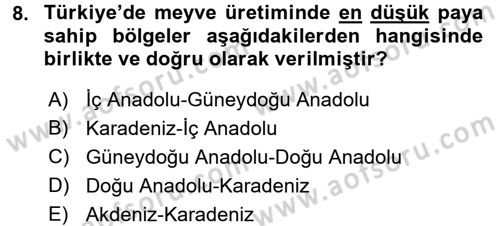 Gıda Coğrafyası Dersi 2017 - 2018 Yılı 3 Ders Sınav Soruları 8. Soru
