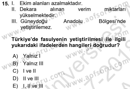 Gıda Coğrafyası Dersi Ara Sınavı Deneme Sınav Soruları 15. Soru