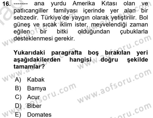 Gıda Coğrafyası Dersi Ara Sınavı Deneme Sınav Soruları 16. Soru