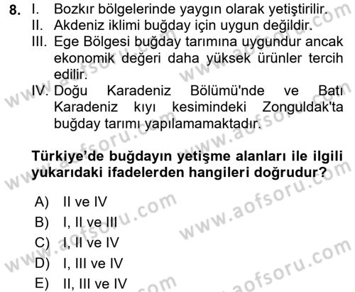 Gıda Coğrafyası Dersi Ara Sınavı Deneme Sınav Soruları 8. Soru