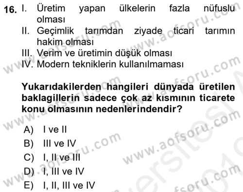 Gıda Coğrafyası Dersi 2018 - 2019 Yılı (Vize) Ara Sınav Soruları 16. Soru