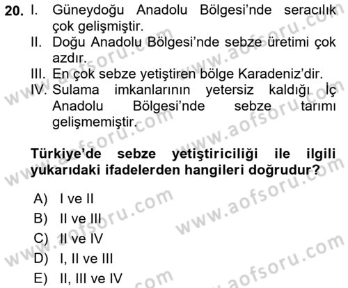 Gıda Coğrafyası Dersi Ara Sınavı Deneme Sınav Soruları 20. Soru