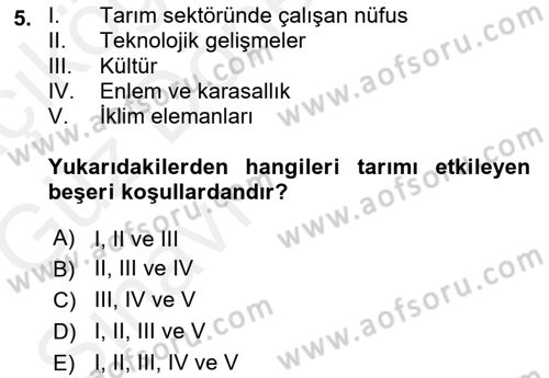 Gıda Coğrafyası Dersi Ara Sınavı Deneme Sınav Soruları 5. Soru