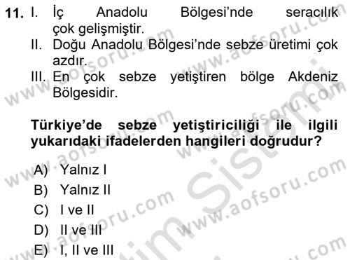 Gıda Coğrafyası Dersi Ara Sınavı Deneme Sınav Soruları 11. Soru