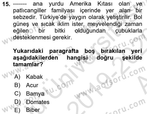 Gıda Coğrafyası Dersi Ara Sınavı Deneme Sınav Soruları 15. Soru