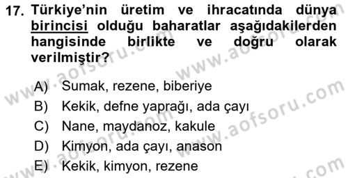 Gıda Coğrafyası Dersi 2019 - 2020 Yılı (Final) Dönem Sonu Sınav Soruları 17. Soru