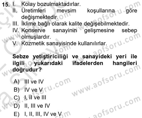 Gıda Coğrafyası Dersi Ara Sınavı Deneme Sınav Soruları 15. Soru