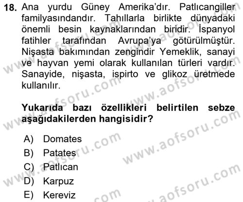 Gıda Coğrafyası Dersi Ara Sınavı Deneme Sınav Soruları 18. Soru