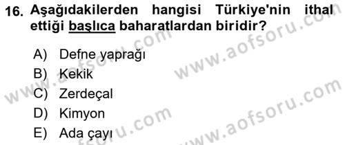 Gıda Coğrafyası Dersi 2022 - 2023 Yılı (Final) Dönem Sonu Sınav Soruları 16. Soru