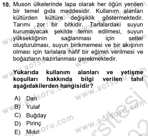 Gıda Coğrafyası Dersi 2023 - 2024 Yılı (Vize) Ara Sınav Soruları 10. Soru