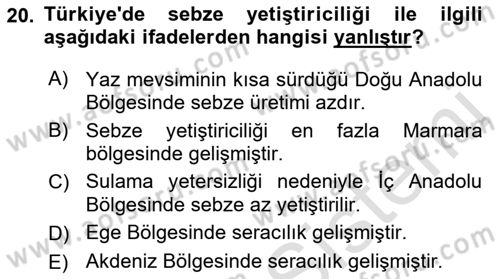 Gıda Coğrafyası Dersi Ara Sınavı Deneme Sınav Soruları 20. Soru