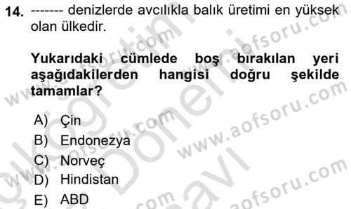 Gıda Coğrafyası Dersi 2023 - 2024 Yılı (Final) Dönem Sonu Sınav Soruları 14. Soru